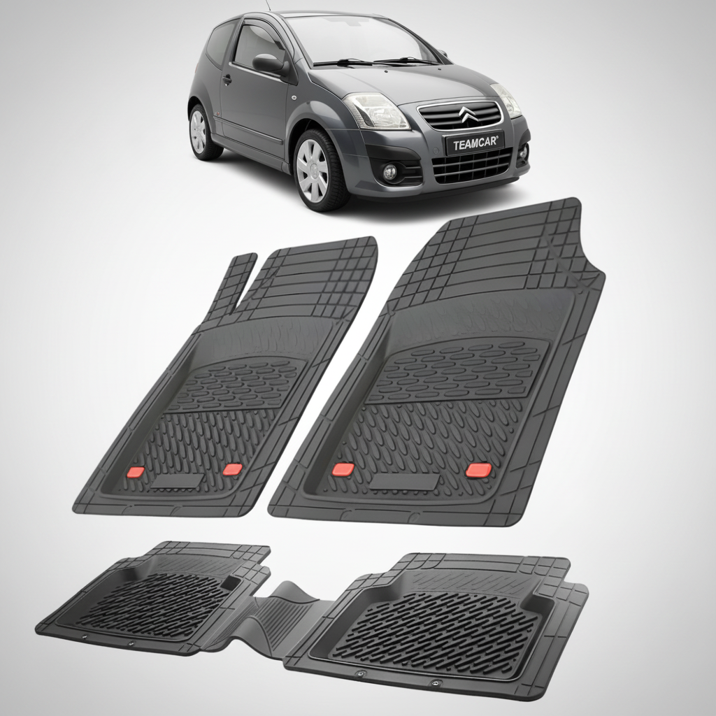 set de covorase din cauciuc negre cu un citroen c2 hatchback facelift negru in fundal