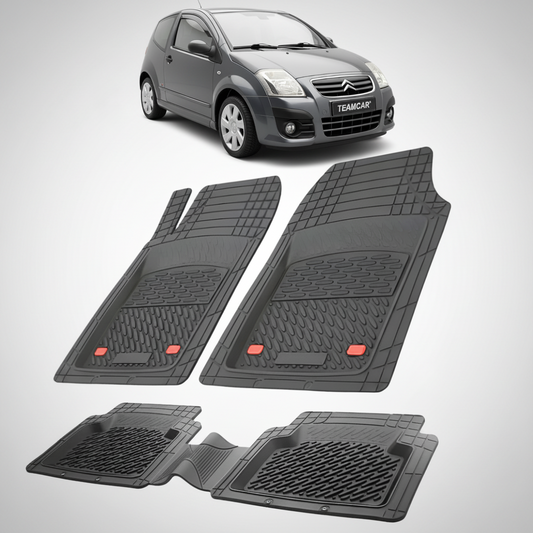 set de covorase din cauciuc negre cu un citroen c2 hatchback facelift negru in fundal