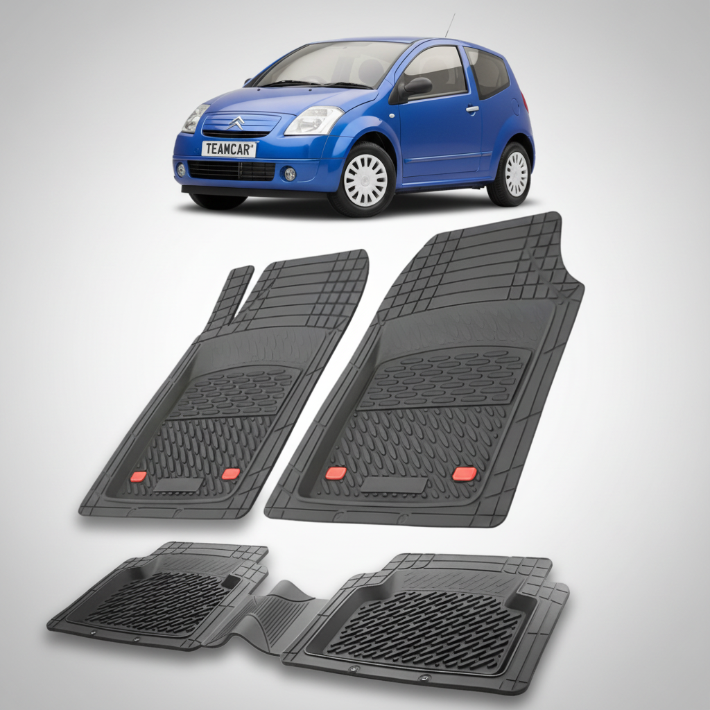 set de covorase din cauciuc negre cu un citroen c2 hatchback pre-facelift albastru in fundal