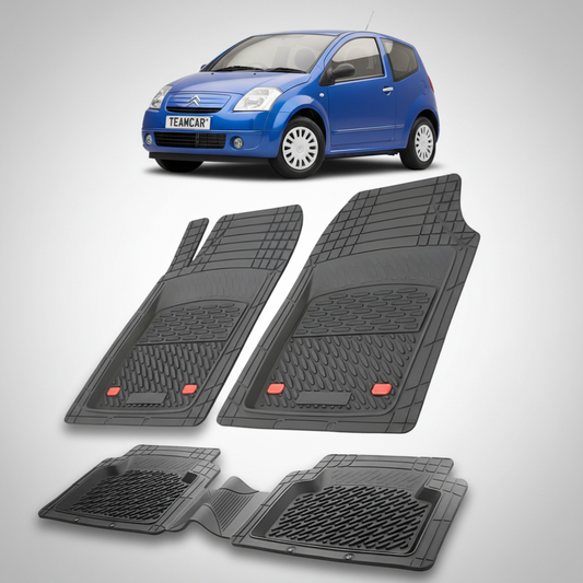 set de covorase din cauciuc negre cu un citroen c2 hatchback pre-facelift albastru in fundal