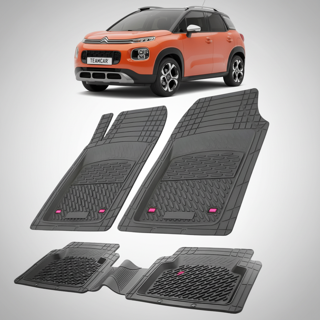 set de covorase din cauciuc negre cu un citroen c3 aircross generatia i portocaliu in fundal