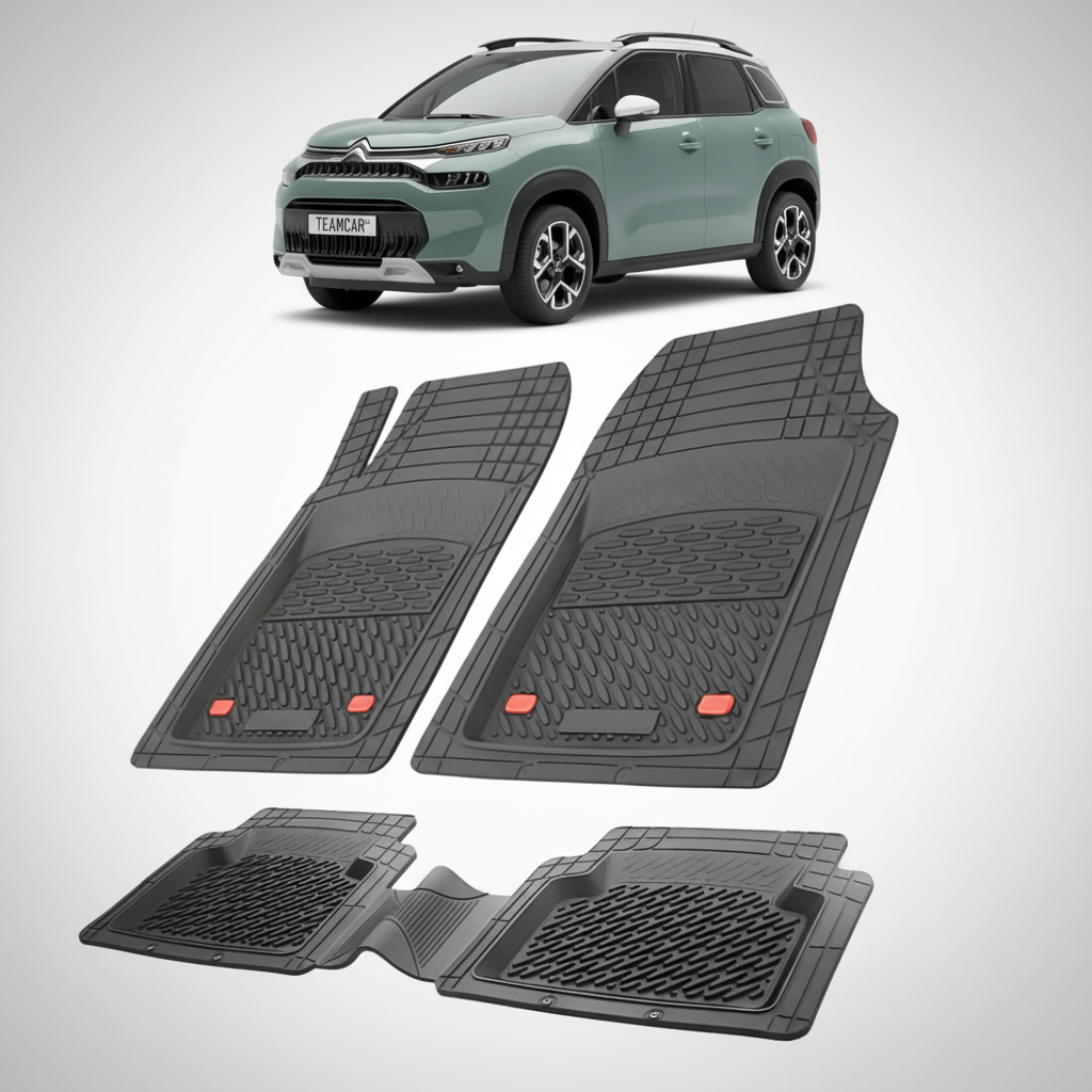 set de covorase din cauciuc negre cu un citroen c3 aircross suv facelift verde in fundal