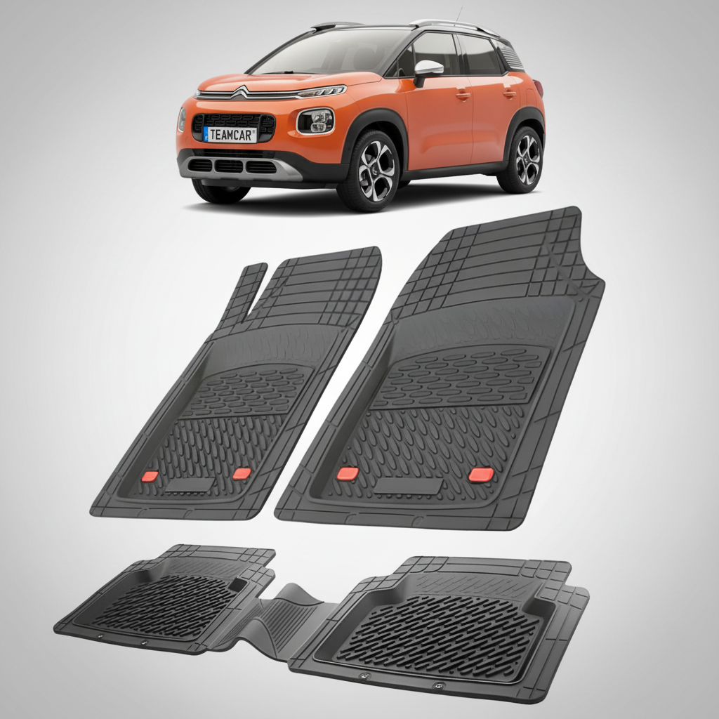 set de covorase din cauciuc negre cu un citroen c3 aircross suv gen 1 portocaliu in fundal