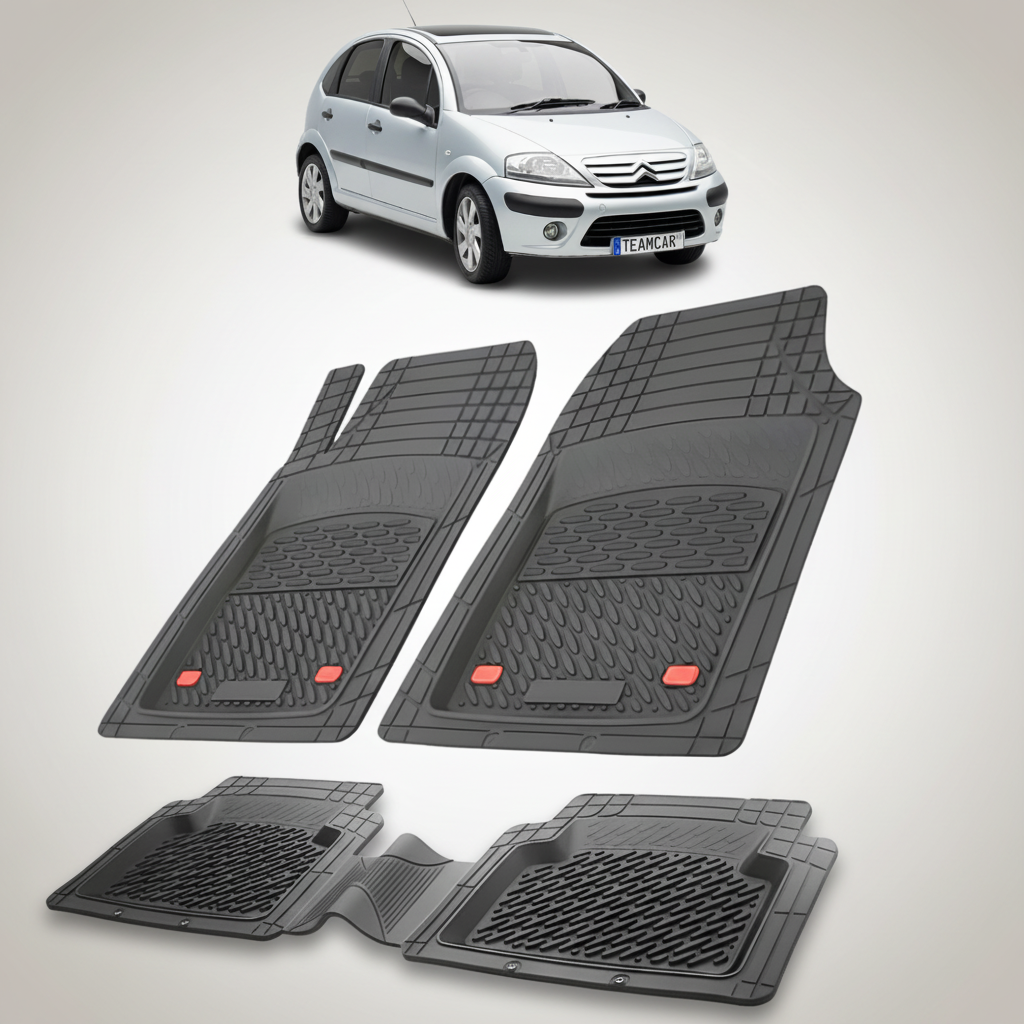 set de covorase din cauciuc negre cu un citroen c3 hatchback facelift gri in fundal