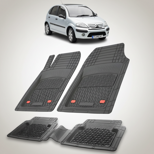 set de covorase din cauciuc negre cu un citroen c3 hatchback facelift gri in fundal