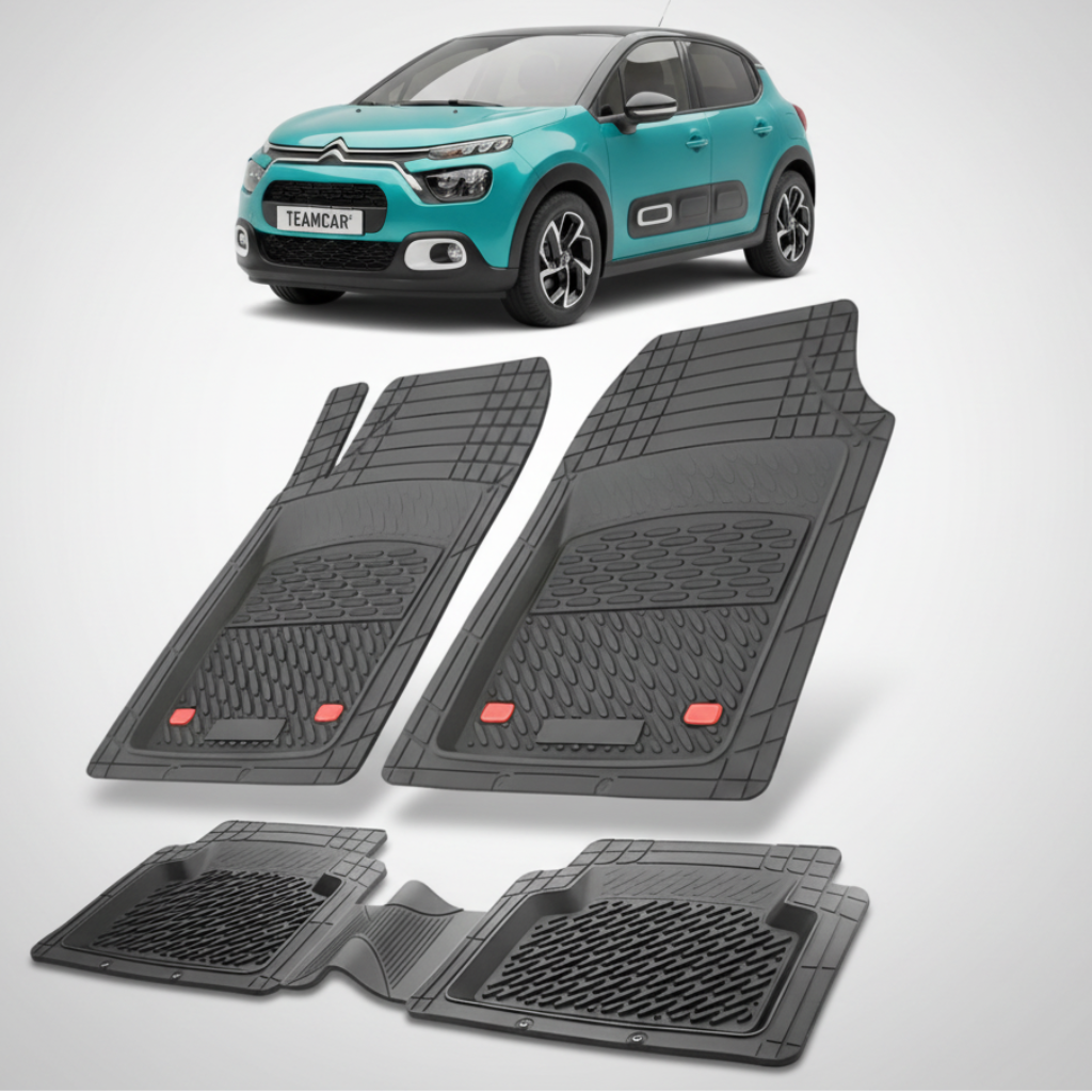 set de covorase din cauciuc negre cu un citroen c3 hatchback facelift verde  in fundal