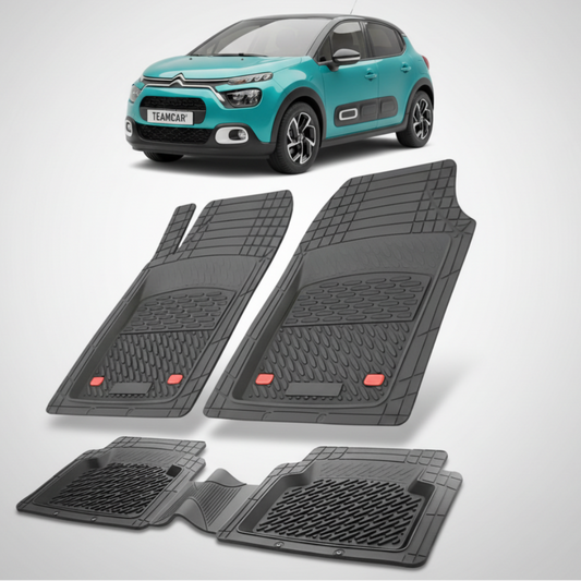 set de covorase din cauciuc negre cu un citroen c3 hatchback facelift verde  in fundal
