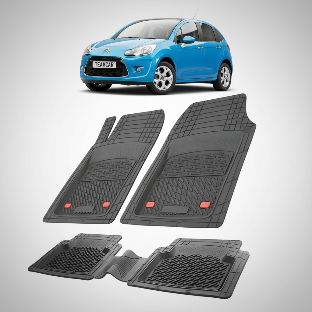 set de covorase din cauciuc negre cu un citroen c3 hatchback generatia 2 albastru in fundal