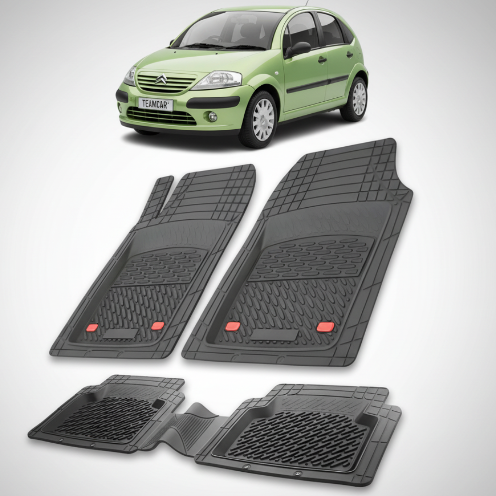 set de covorase din cauciuc negre cu un citroen c3 hatchback pre-facelift verde in fundal