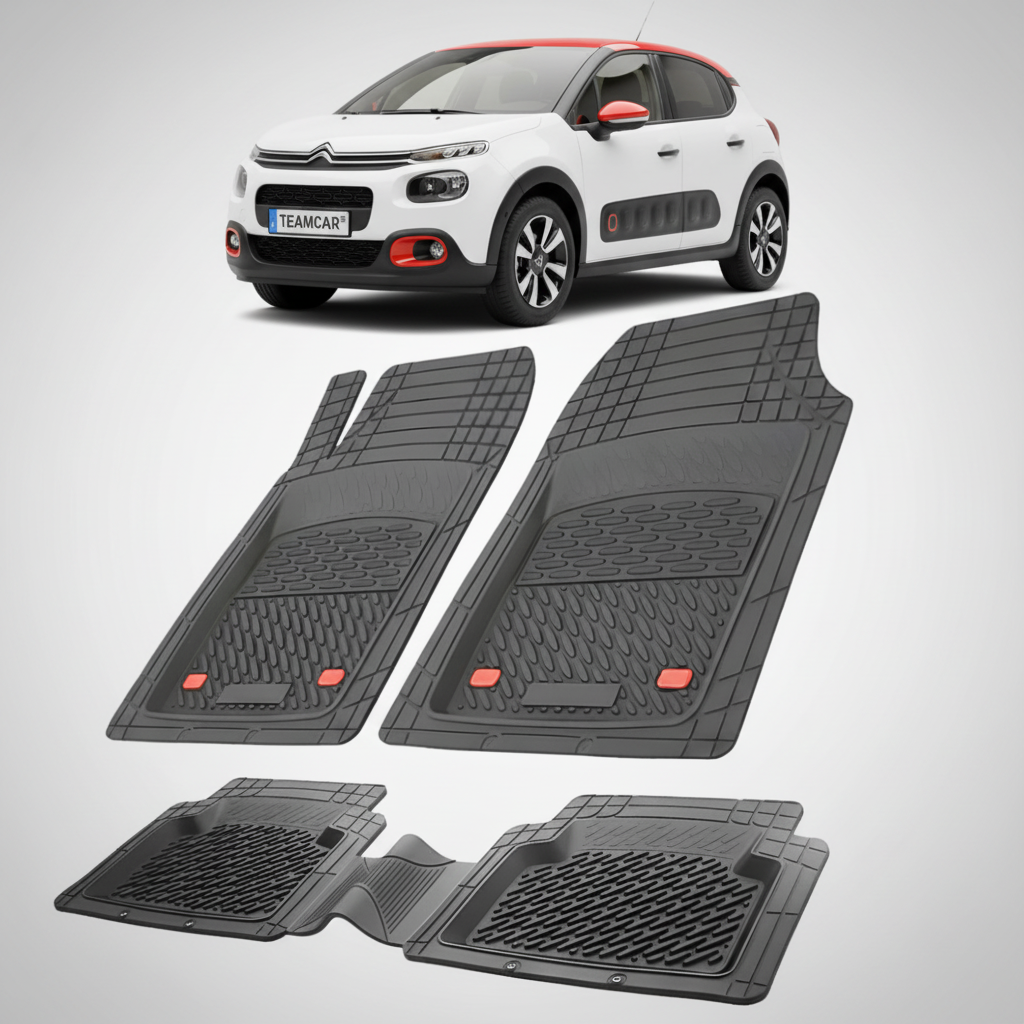 set de covorase din cauciuc negre cu un citroen c3 hatchback pre-facelift alb in fundal