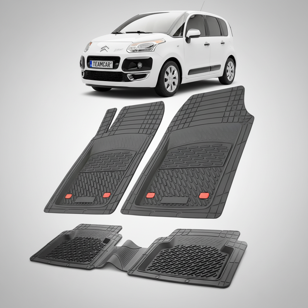 set de covorase din cauciuc negre cu un citroen c3 picasso mpv generatia 1 alb in fundal