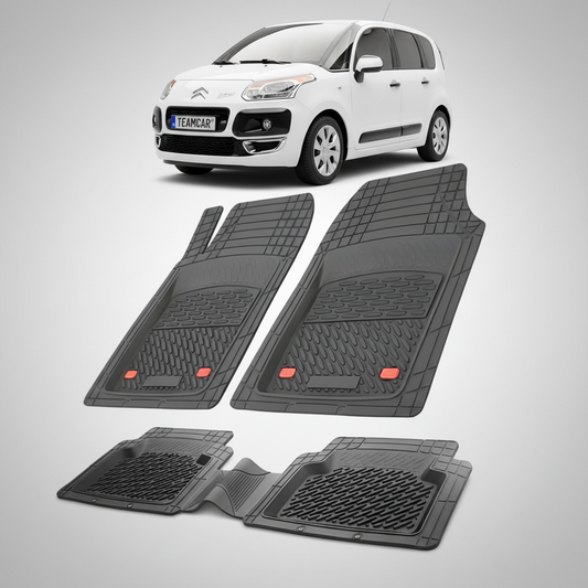 set de covorase din cauciuc negre cu un citroen c3 picasso mpv generatia 1 alb in fundal