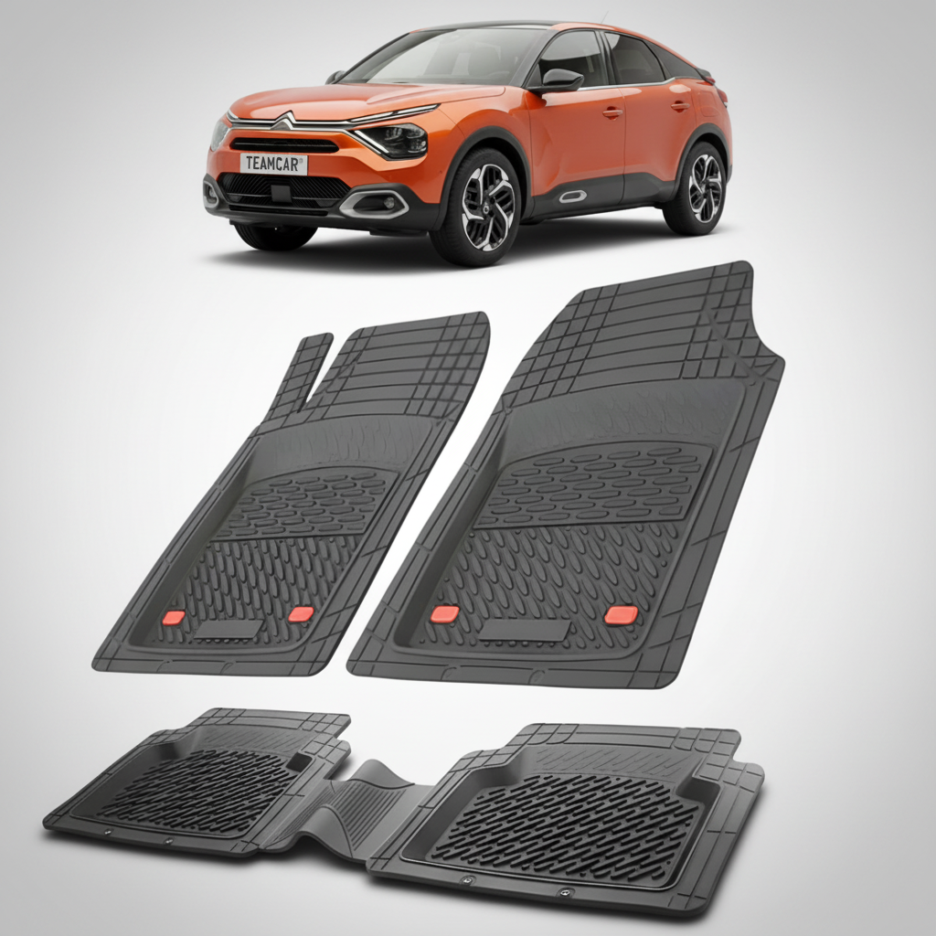 set de covorase din cauciuc negre cu un citroen c4 generatia iii portocaliu in fundal