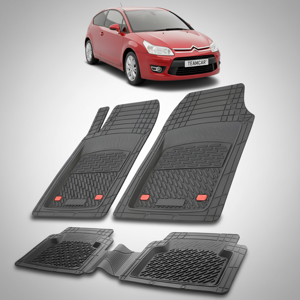 set de covorase din cauciuc negre cu un citroen c4 hatchback 3 usi facelift rosu in fundal