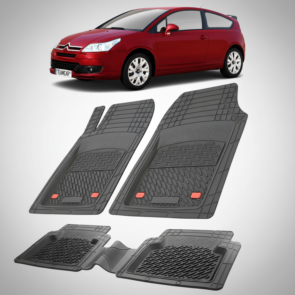 set de covorase din cauciuc negre cu un citroen c4 hatchback 3 usi pre-facelift rosu in fundal