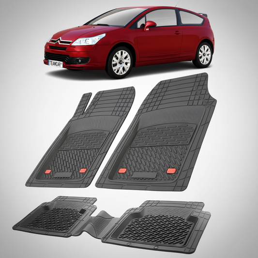 set de covorase din cauciuc negre cu un citroen c4 hatchback 3 usi pre-facelift rosu in fundal