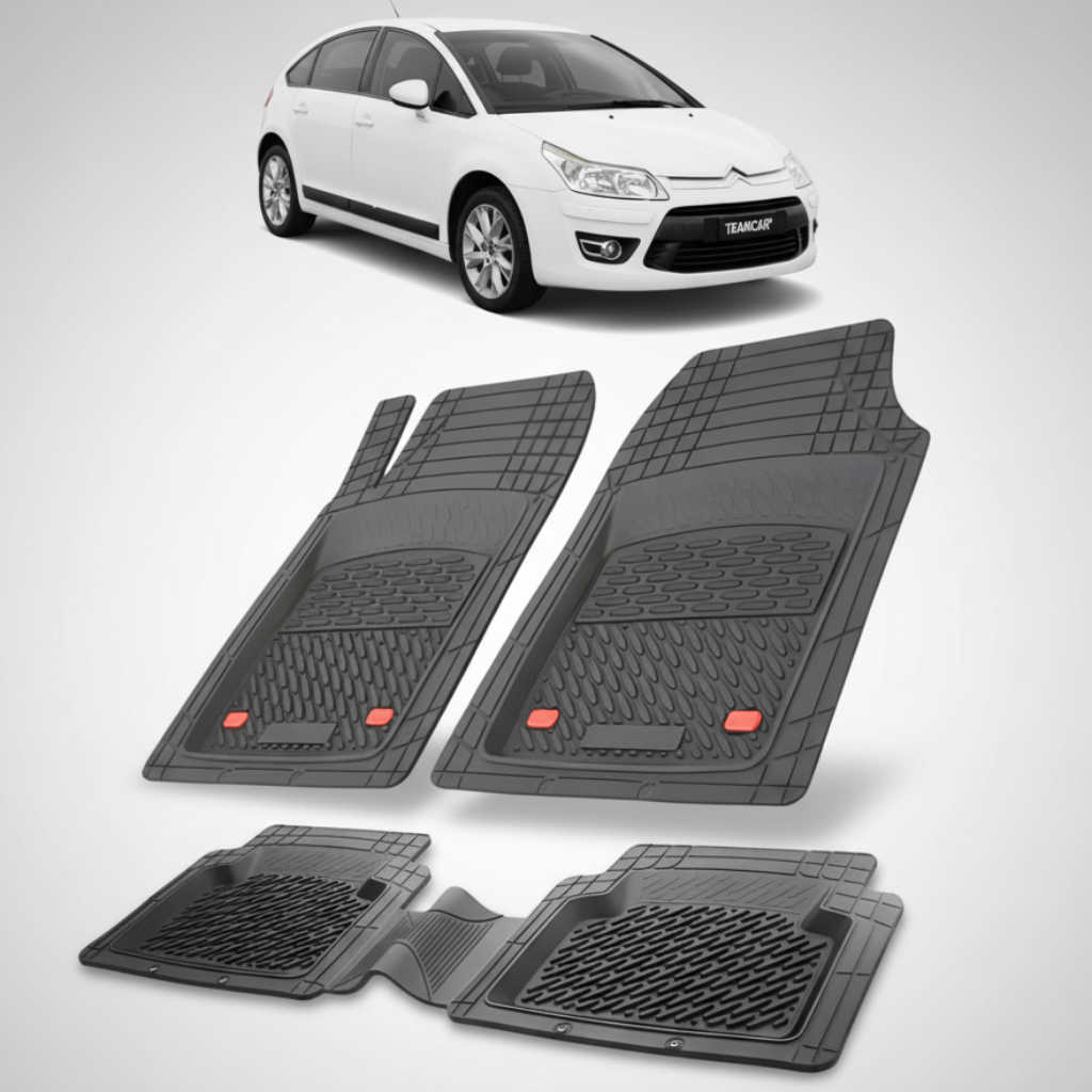 set de covorase din cauciuc negre cu un citroen c4 hatchback 5 usi facelift alb in fundal