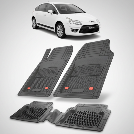 set de covorase din cauciuc negre cu un citroen c4 hatchback 5 usi facelift alb in fundal