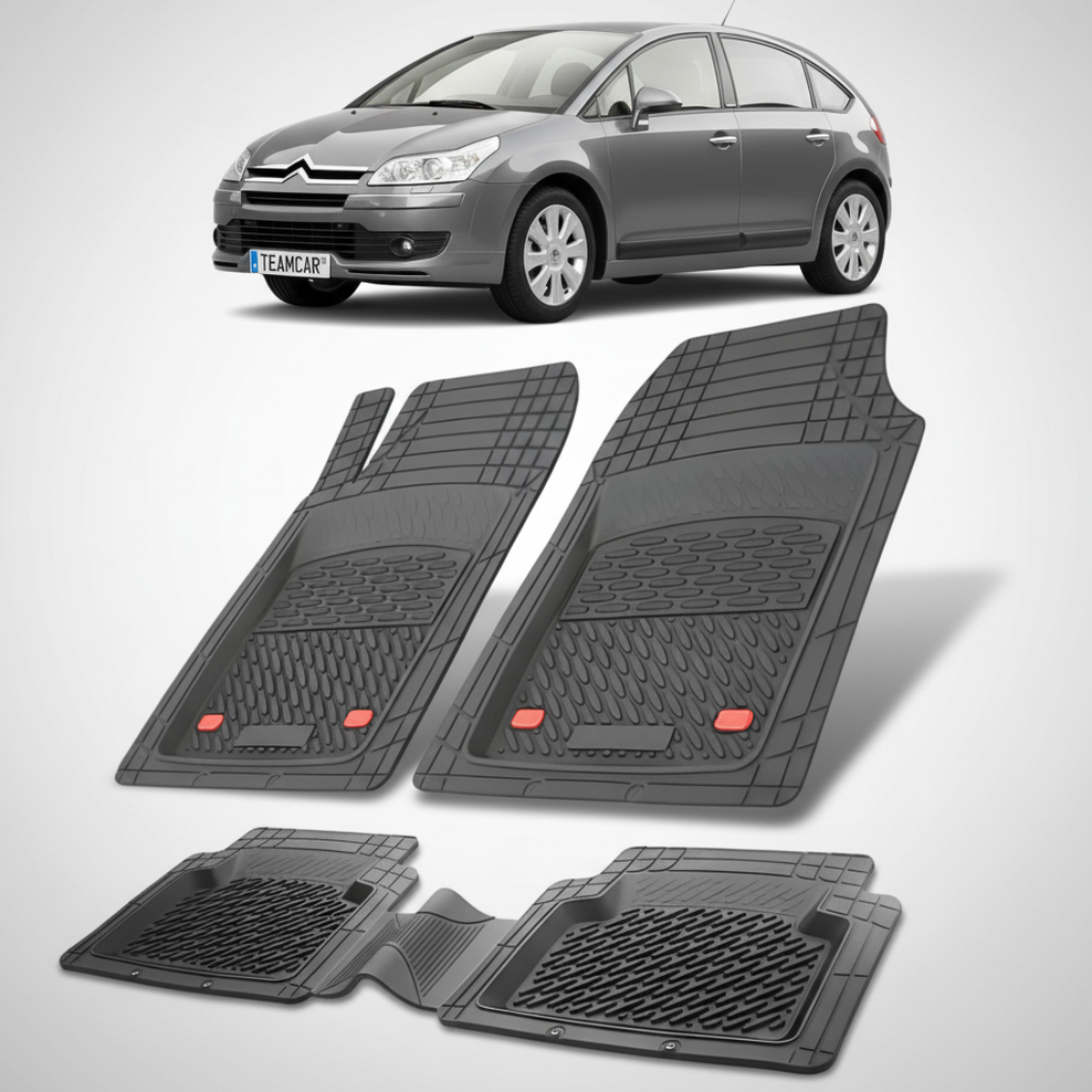 set de covorase din cauciuc negre cu un citroen c4 hatchback 5 usi pre-facelift gri in fundal
