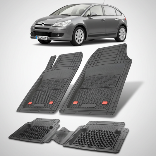 set de covorase din cauciuc negre cu un citroen c4 hatchback 5 usi pre-facelift gri in fundal