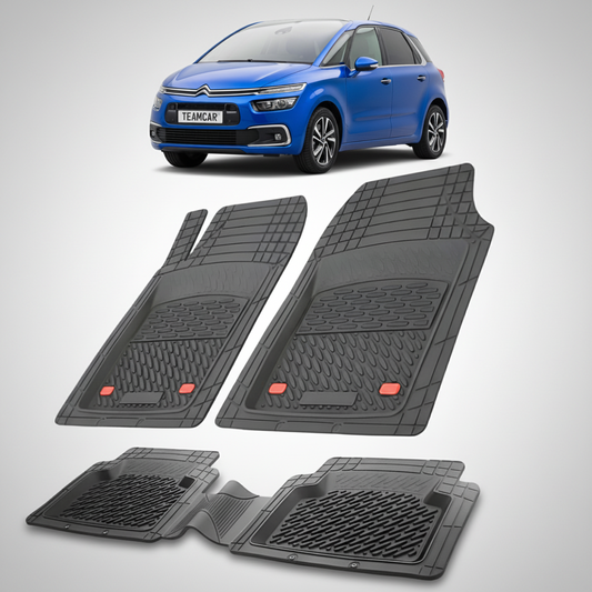 set de covorase din cauciuc negre cu un citroen c4 picasso mpv facelift albastru in fundal
