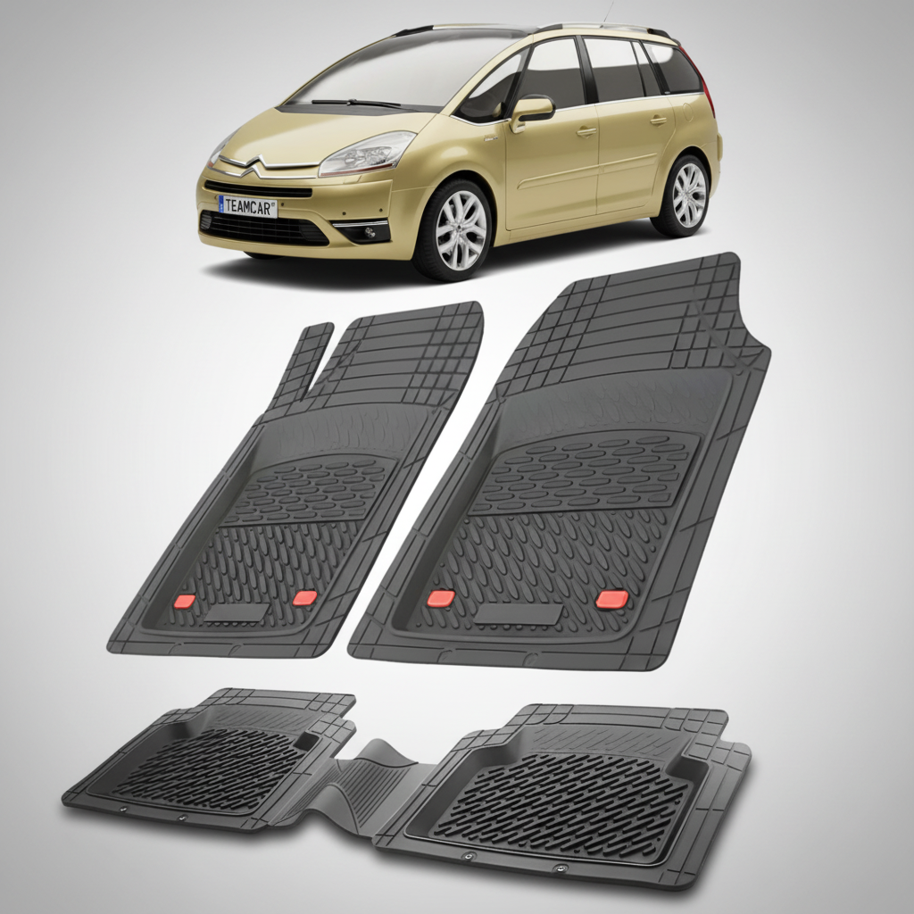 set de covorase din cauciuc negre cu un citroen c4 picasso mpv pre-facelift galben in fundal