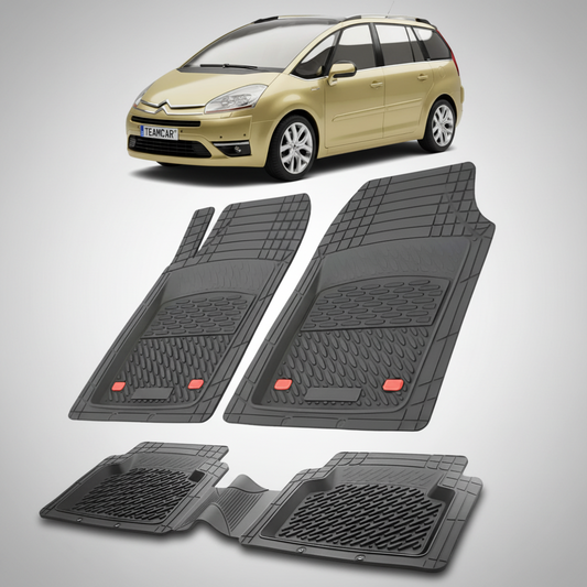 set de covorase din cauciuc negre cu un citroen c4 picasso mpv pre-facelift galben in fundal