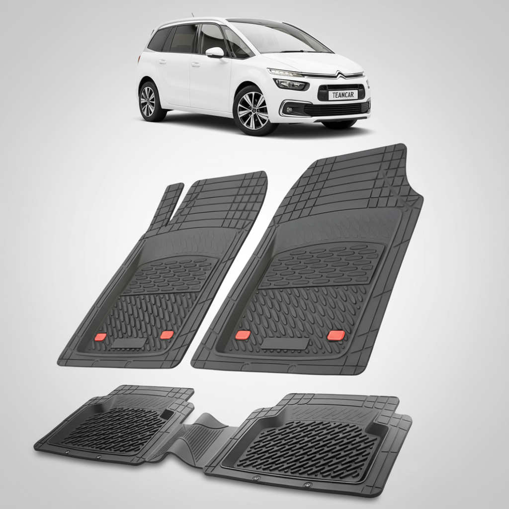 set de covorase din cauciuc negre cu un citroen c4 spacetourer mpv gen2 alb in fundal