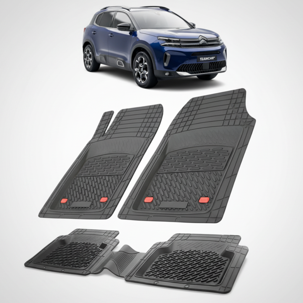 set de covorase din cauciuc negre cu un citroen c5 aircross suv facelift albastru in fundal