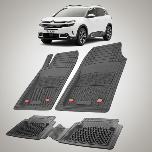 set de covorase din cauciuc negre cu un citroen c5 aircross suv gen 1 alb in fundal