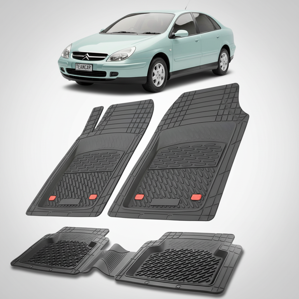 set de covorase din cauciuc negre cu un citroen c5 sedan facelift verde deschis in fundal