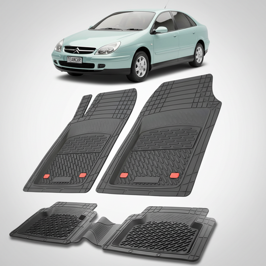 set de covorase din cauciuc negre cu un citroen c5 sedan facelift verde deschis in fundal