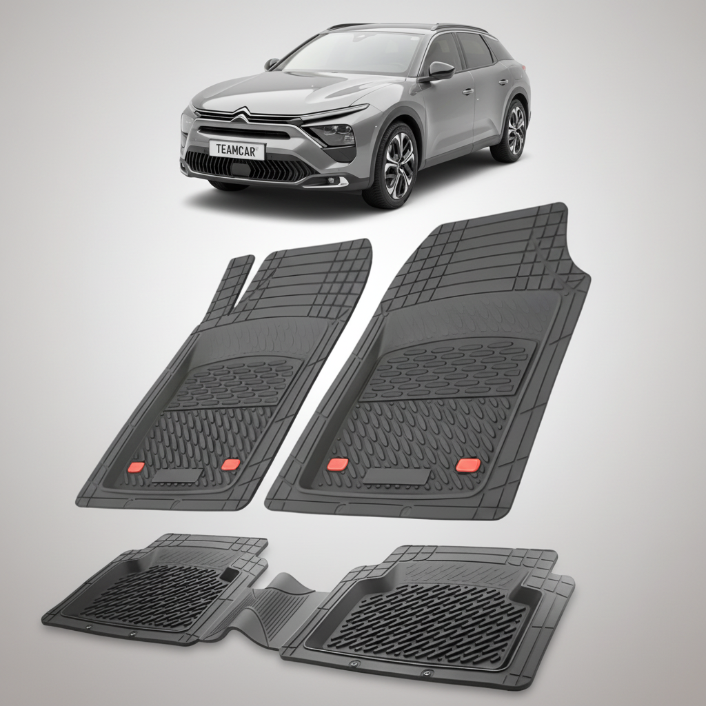 set de covorase din cauciuc negre cu un citroen c5 X gri in fundal
