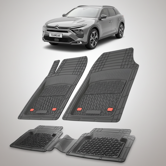 set de covorase din cauciuc negre cu un citroen c5 X gri in fundal