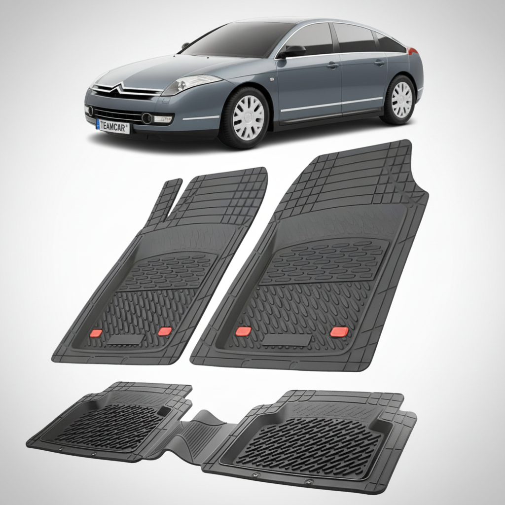set de covorase din cauciuc negre cu un citroen c6 sedan gen1 gri inchis in fundal
