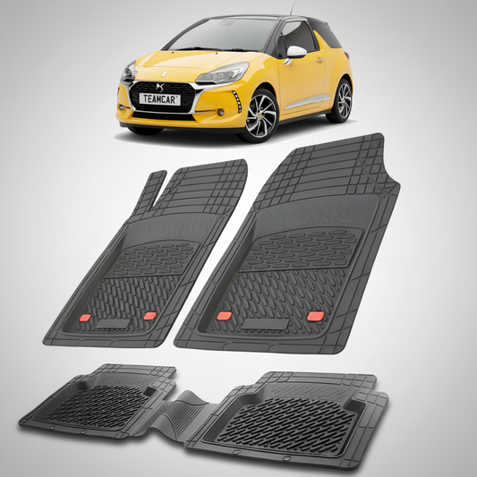 set de covorase din cauciuc negre cu un citroen ds3 hatchback 3 usi facelift galben in fundal