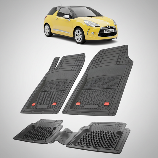 set de covorase din cauciuc negre cu un citroen ds3 hatchback 3 usi pre-facelift galben in fundal