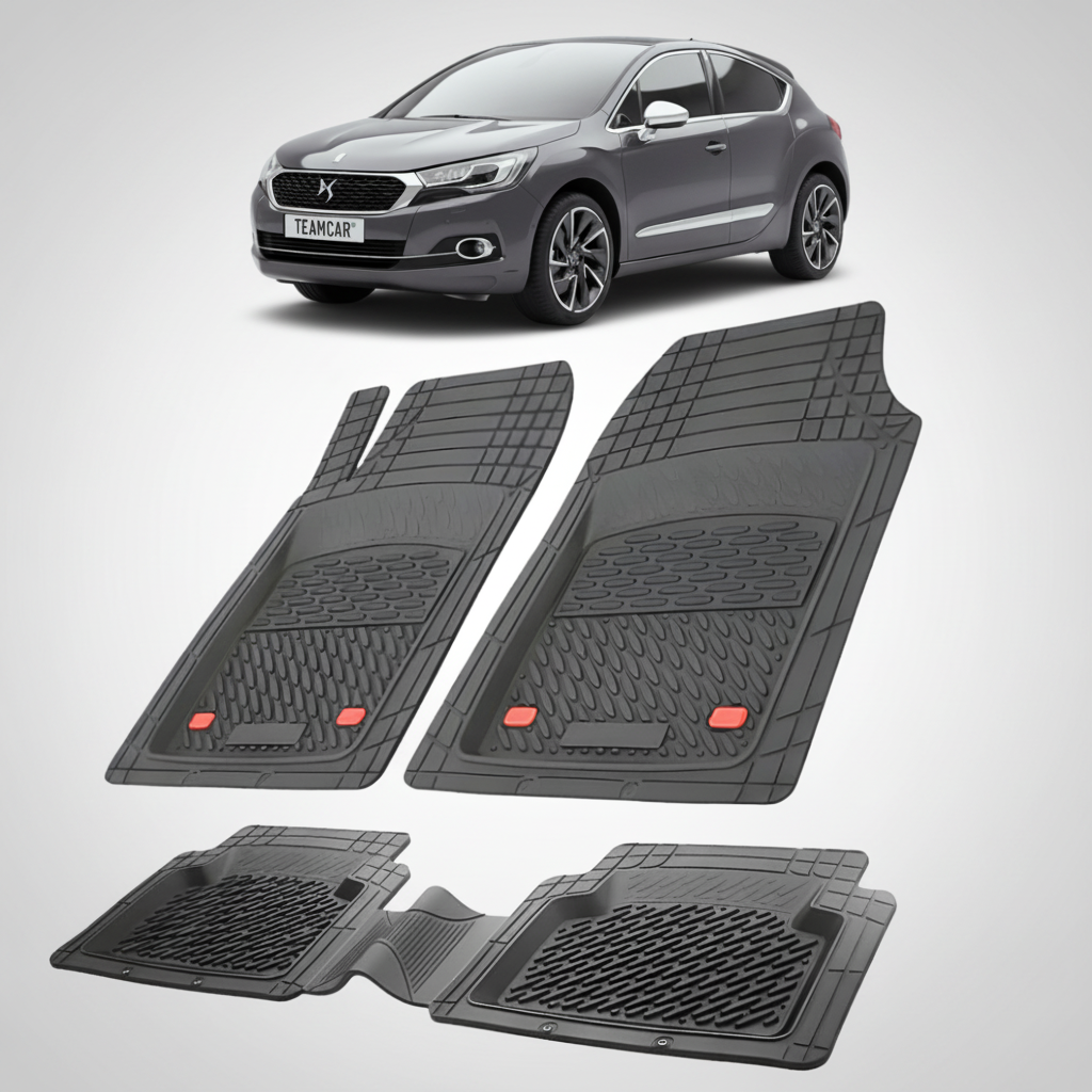 set de covorase din cauciuc negre cu un citroen ds4 hatchback facelift gri inchis in fundal