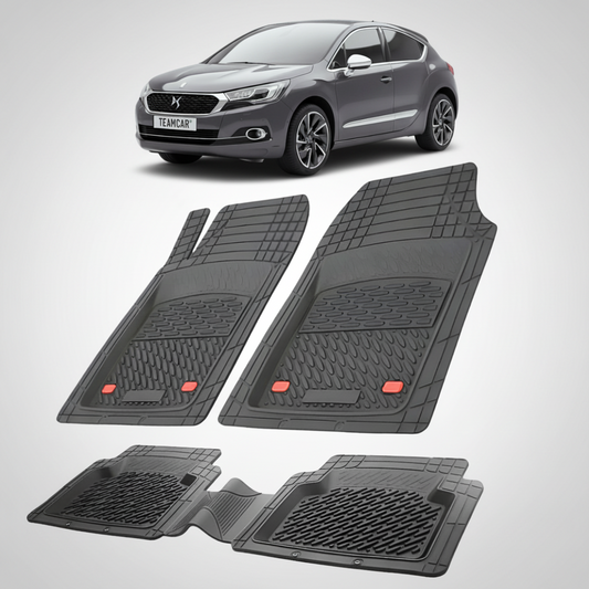 set de covorase din cauciuc negre cu un citroen ds4 hatchback facelift gri inchis in fundal