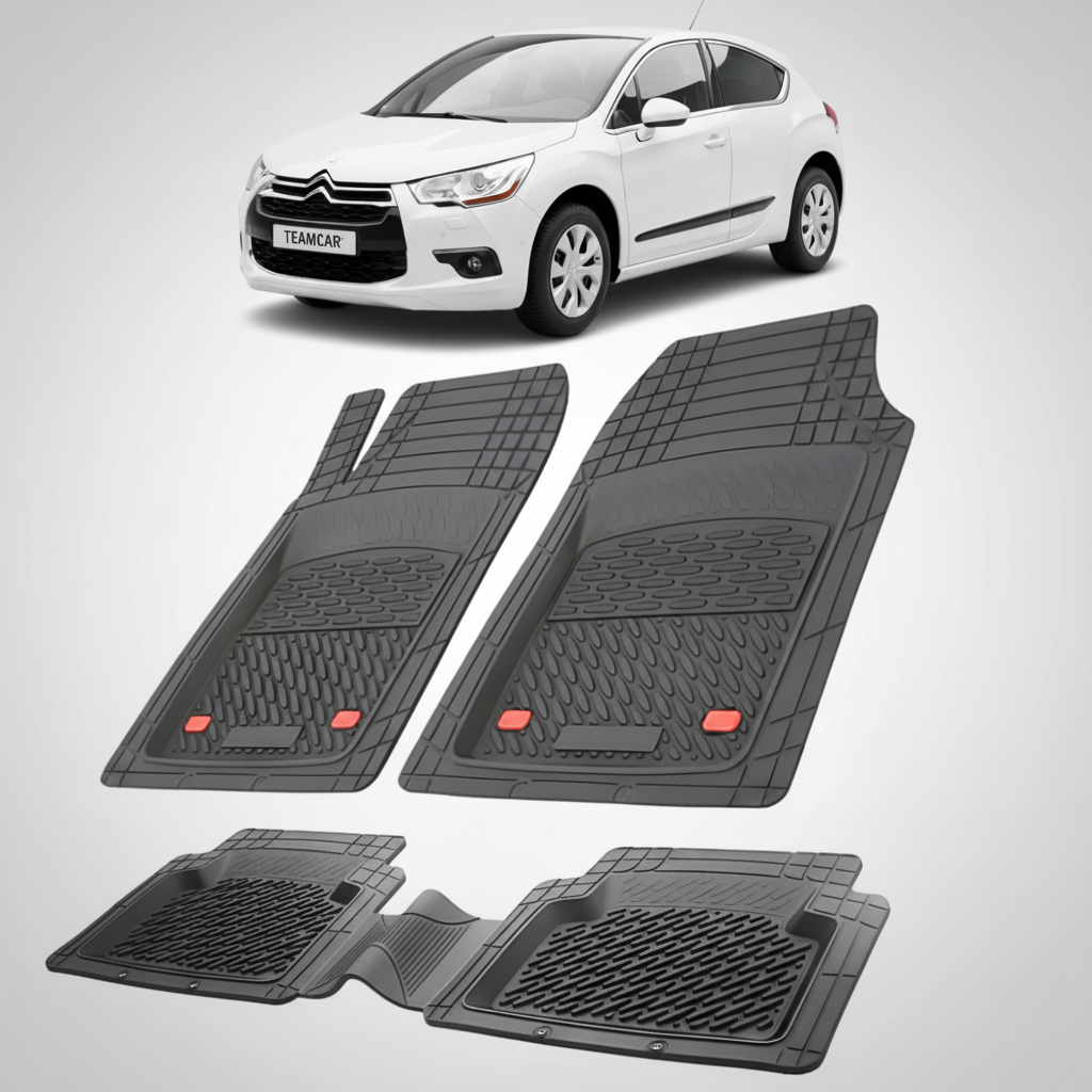 set de covorase din cauciuc negre cu un citroen ds4 hatchback gen 1 alb in fundal