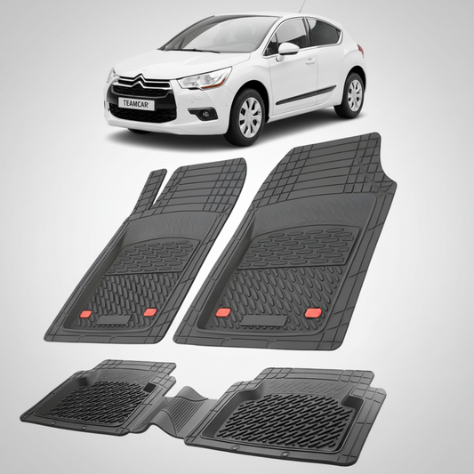 set de covorase din cauciuc negre cu un citroen ds4 hatchback gen 1 alb in fundal