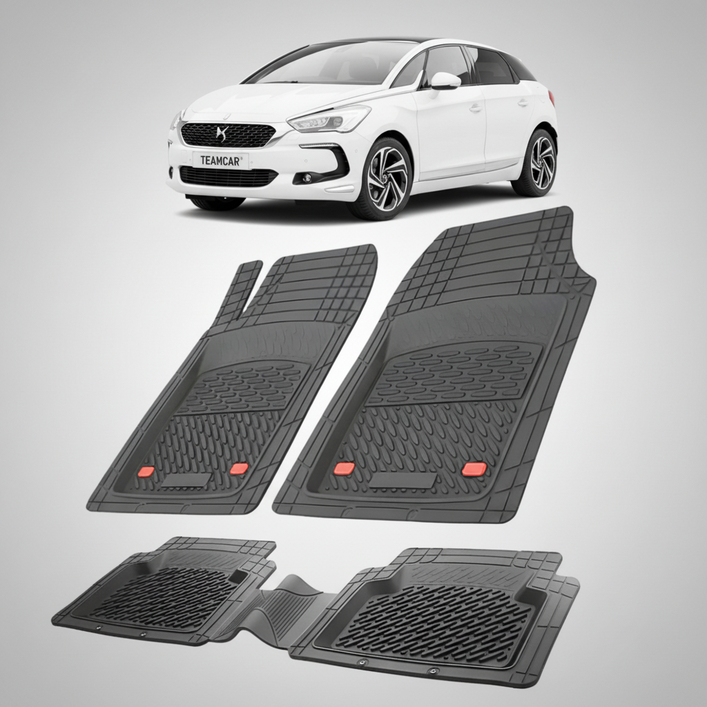 set de covorase din cauciuc negre cu un citroen ds5 hatchback facelift alb in fundal