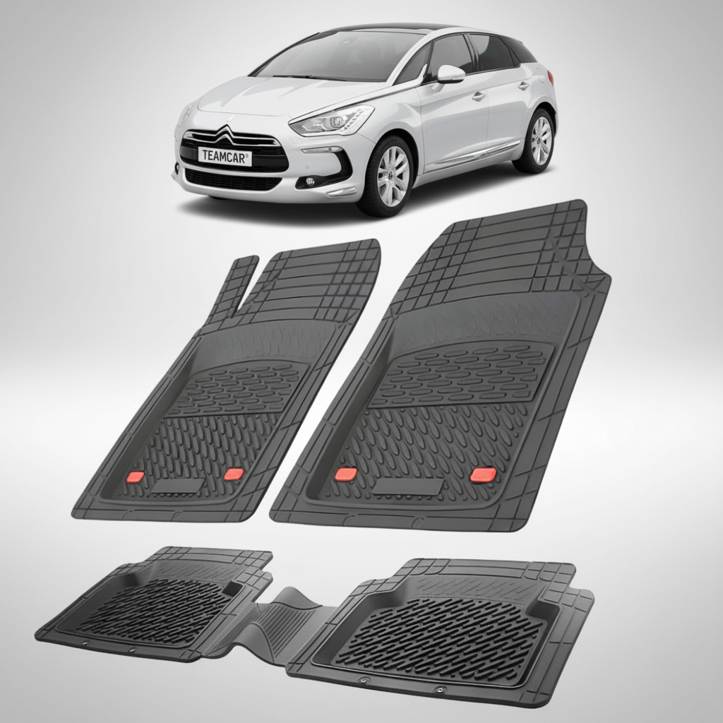 set de covorase din cauciuc negre cu un citroen ds5 hatchback gen1 gri in fundal