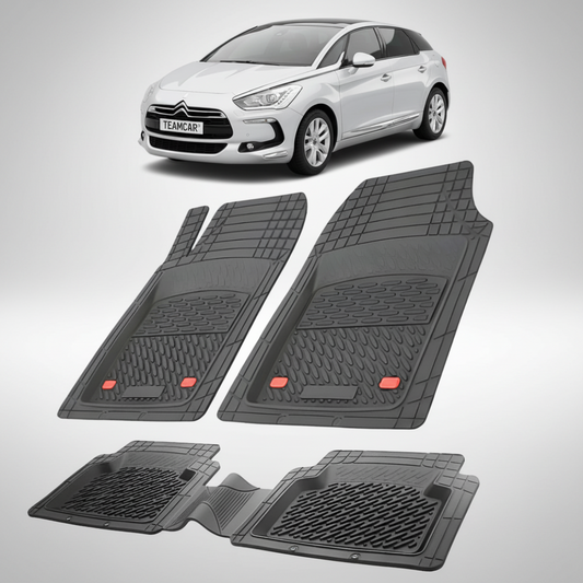 set de covorase din cauciuc negre cu un citroen ds5 hatchback gen1 gri in fundal