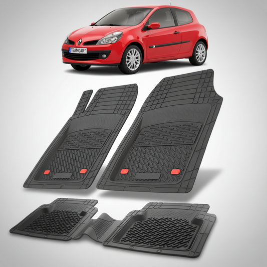 Set of black car mats with a red car in the background