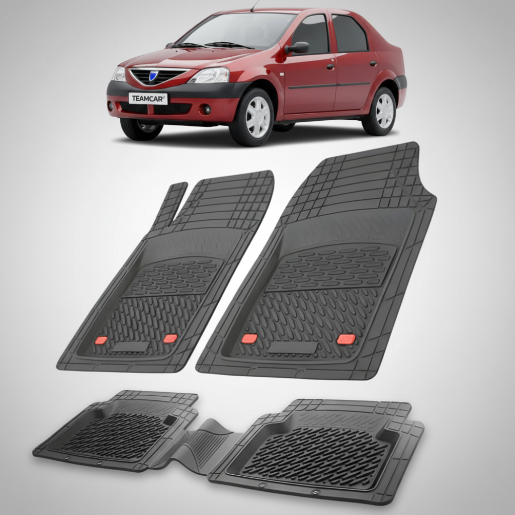 set de covorase din cauciuc negre cu o dacia logan i rosie in fundal