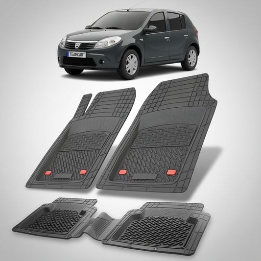 set de covorase din cauciuc negre cu o dacia sandero i hatchback neagra in fundal