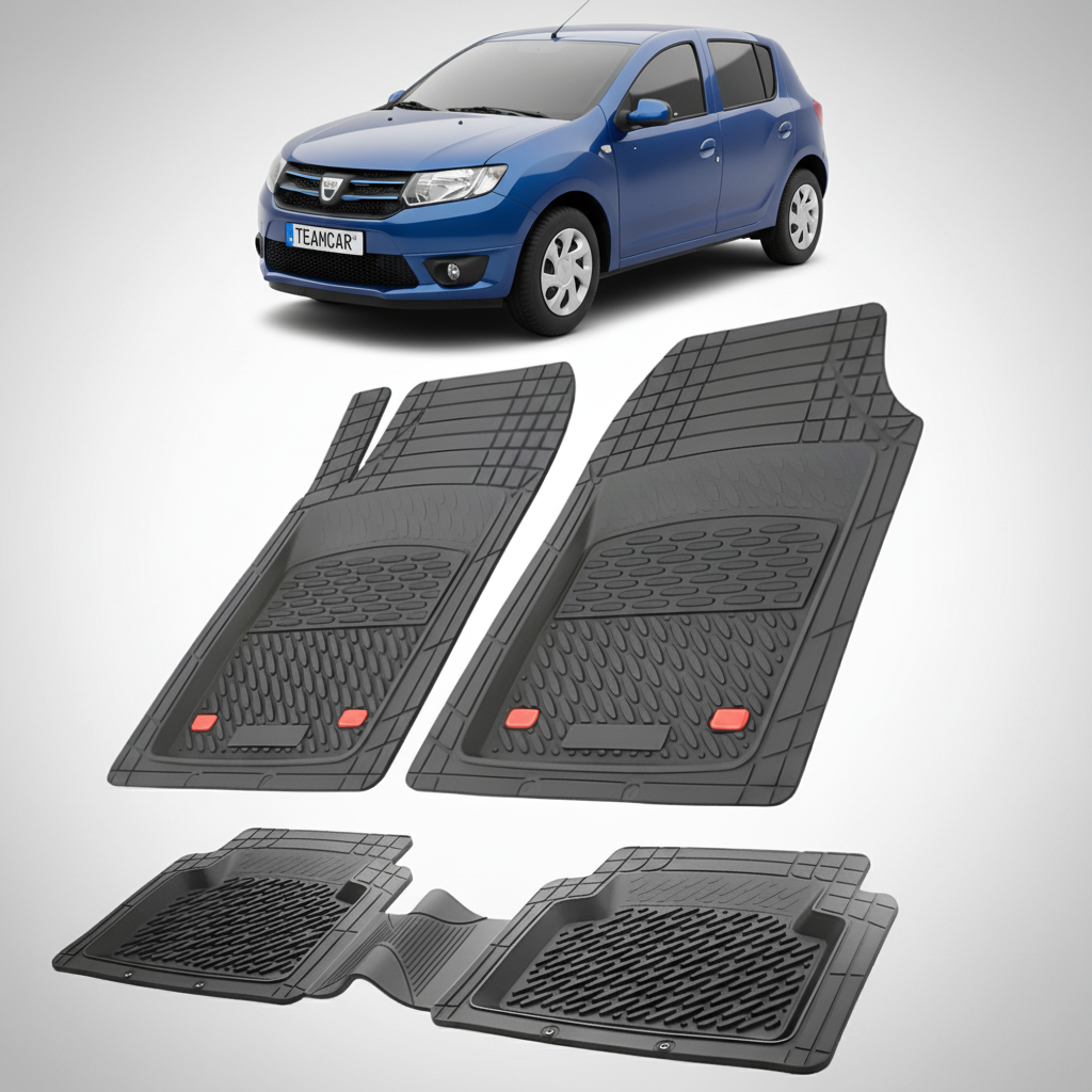 set de covorase din cauciuc negre cu o dacia sandero ii hatchback albastra in fundal