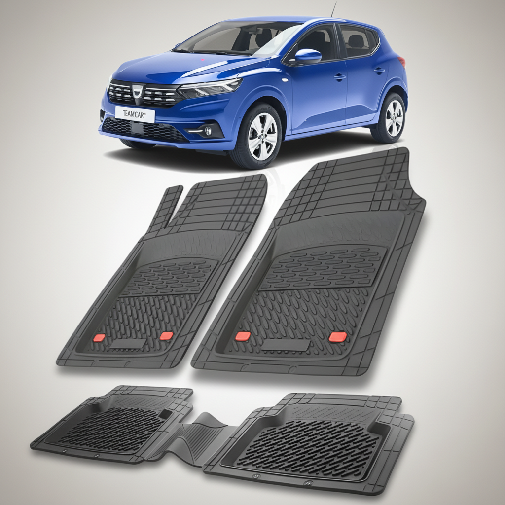 set de covorase din cauciuc negre cu o dacia sandero iii hatchback albastra in fundal