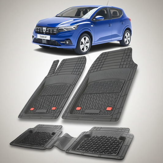 set de covorase din cauciuc negre cu o dacia sandero iii hatchback albastra in fundal